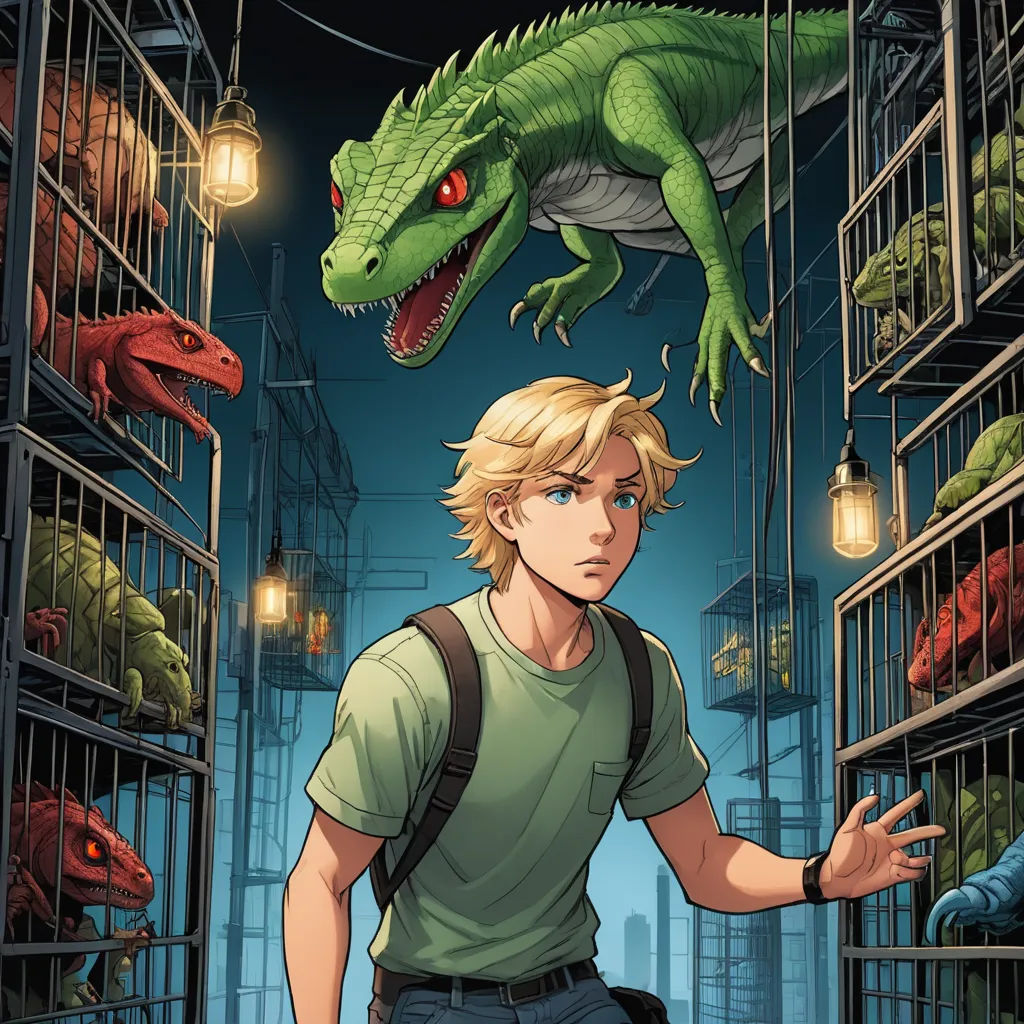 a man in a green shirt is standing in a cage with a green dragon on his head and a green t - shirt on his shoulder, furry art, a comic book panel, Cedric Seaut (Keos Masons), comic cover art