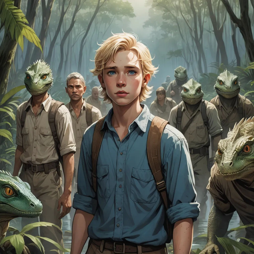 a painting of a boy standing in front of a group of people in the jungle with alligator heads on his head, furry art, poster art, Aaron Jasinski, comic cover art