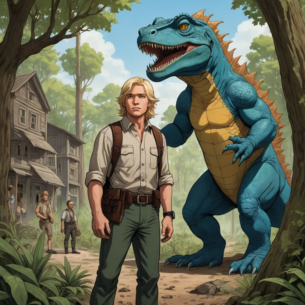 a man standing next to a dinosaur in a forest next to a house with a man standing next to it, furry art, concept art, Chris LaBrooy, official art