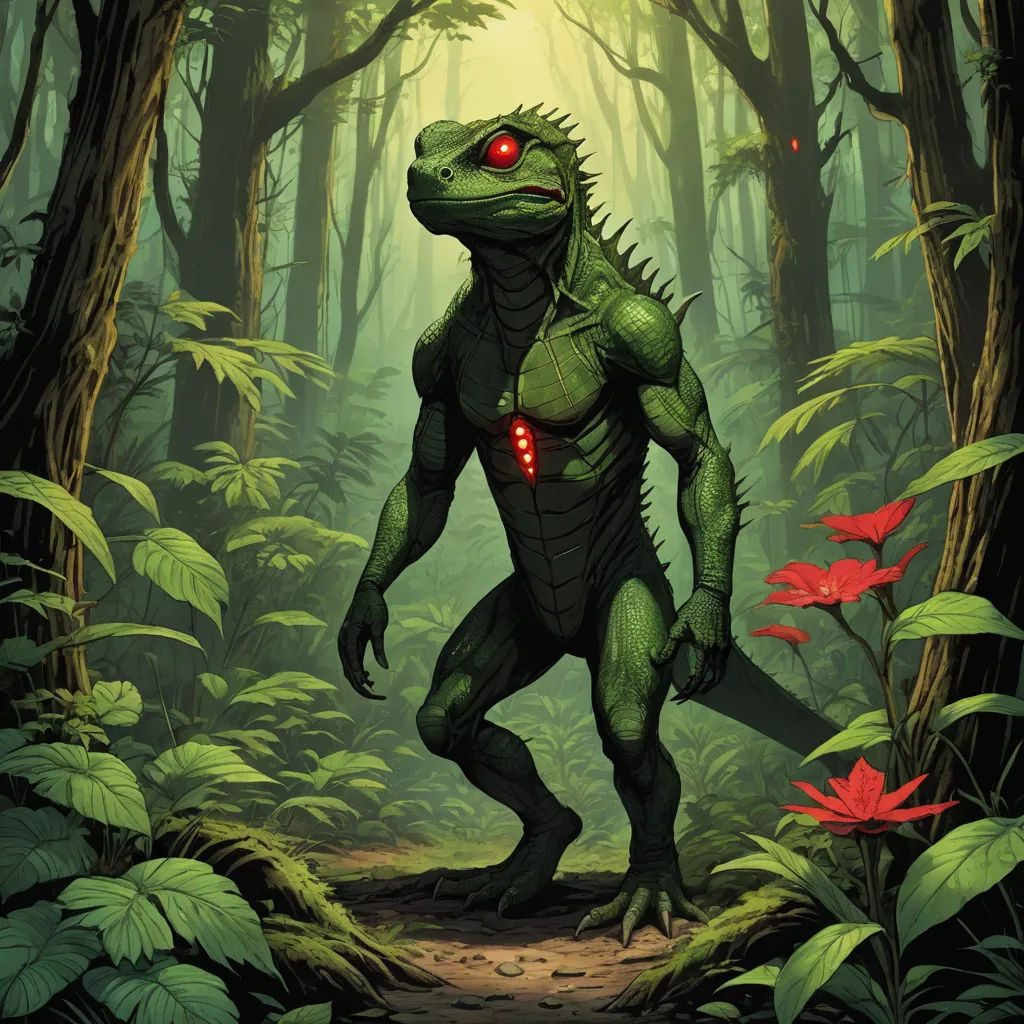 a green creature with red eyes in the middle of a forest with red flowers and plants on the ground, altermodern, concept art, Adam Rex, magic the gathering artwork