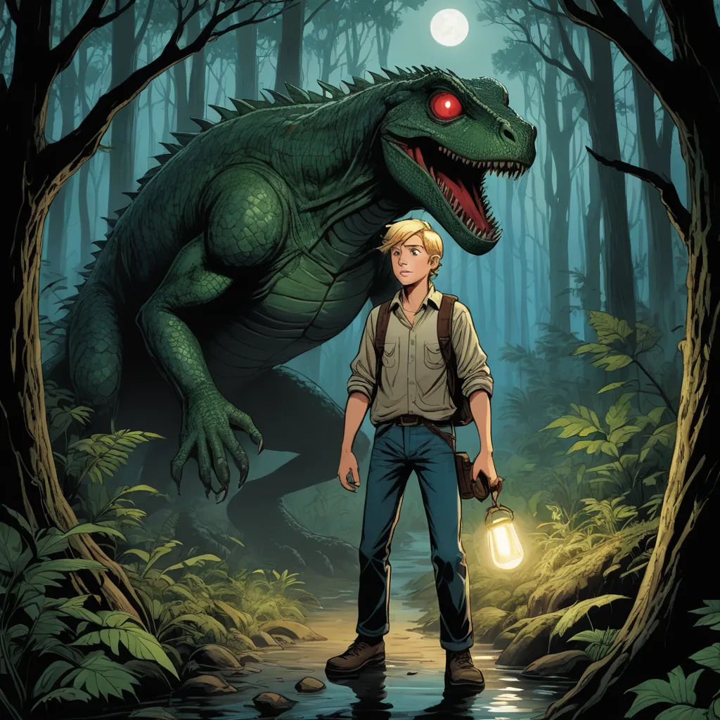 a boy standing in a forest with a light in his hand and a dinosaur in the background, with a glowing lantern in his hand, sots art, poster art, Adam Rex, comic cover art