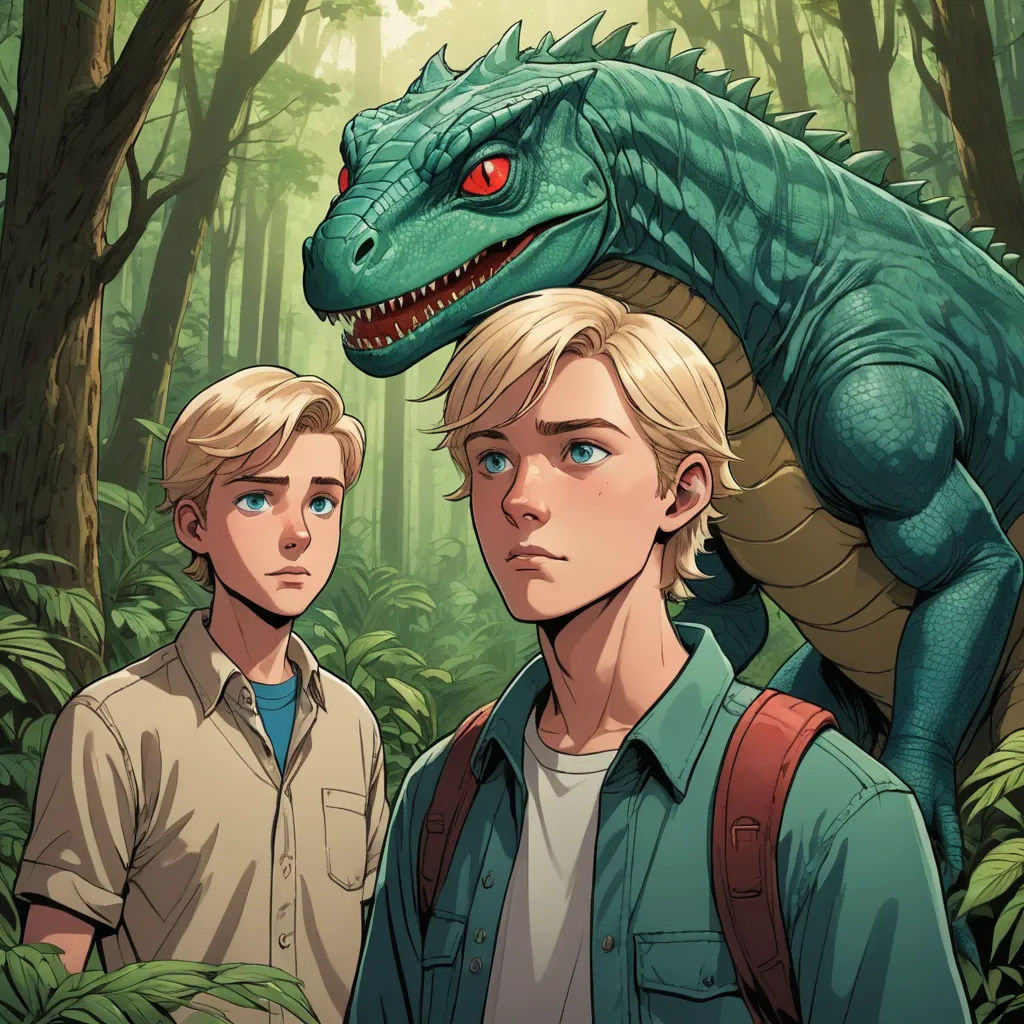 a boy and a boy are standing in the woods with a dinosaur on his head and a man is standing next to him, sots art, a comic book panel, Brothers Hildebrandt, comic cover art