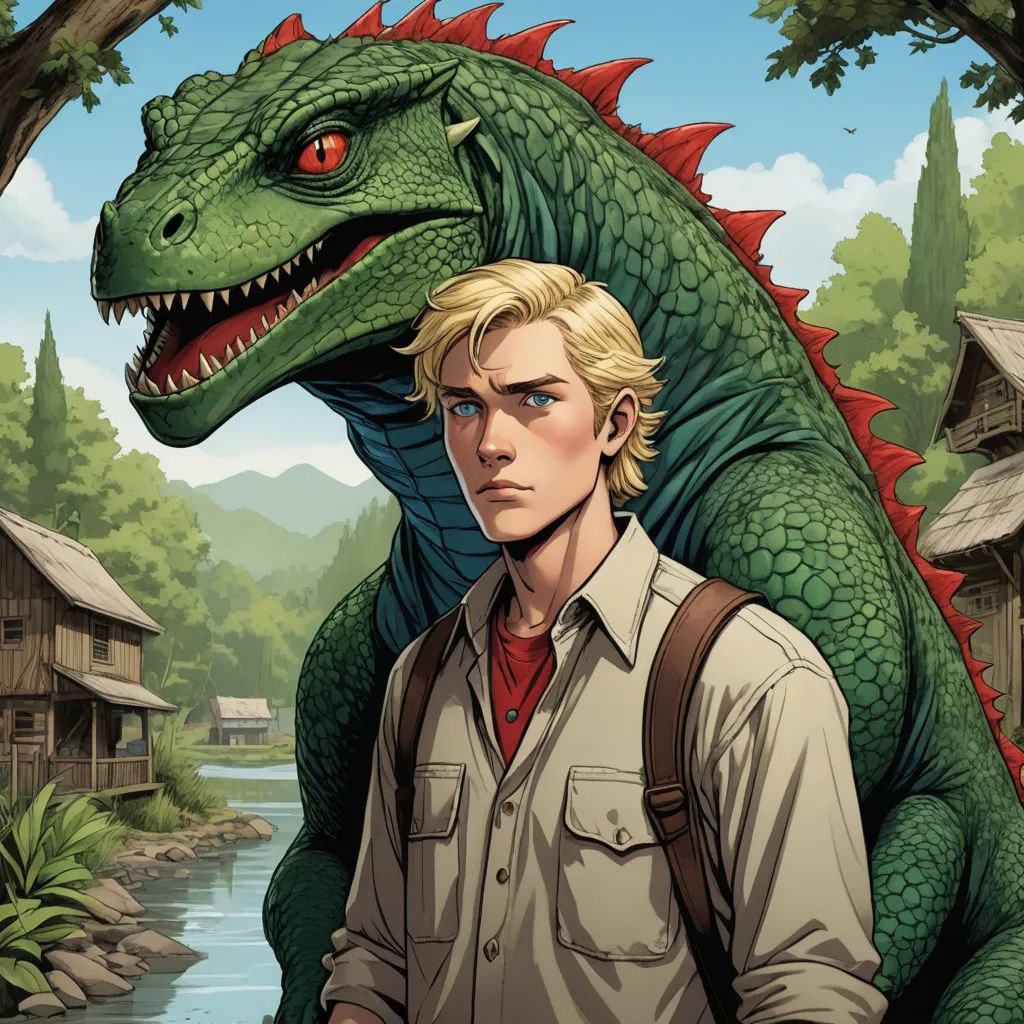 a man standing next to a green dragon next to a river and a forest with houses on it and a house on the other side, furry art, a character portrait, Adam Rex, comic cover art