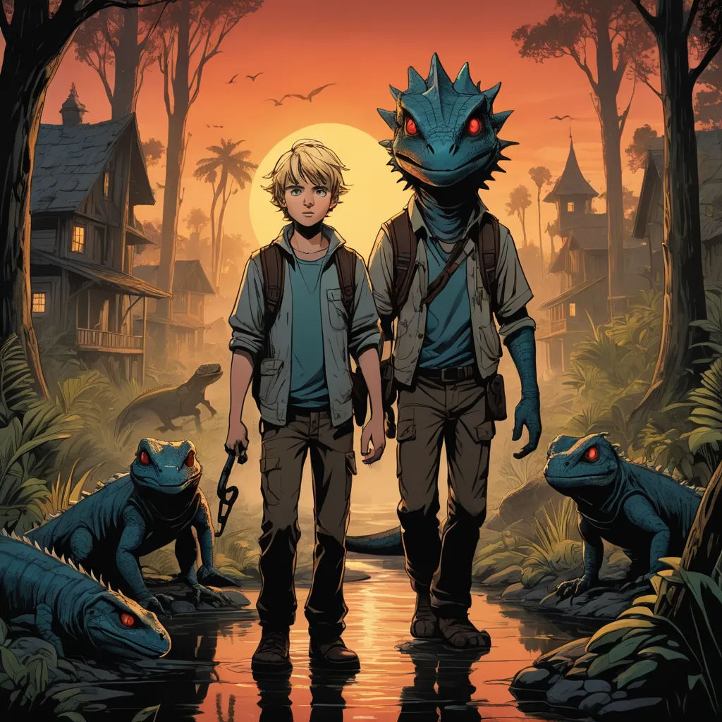 a couple of people standing next to each other near a forest with dinosaurs and a house on the hill, furry art, poster art, Adam Rex, comic cover art