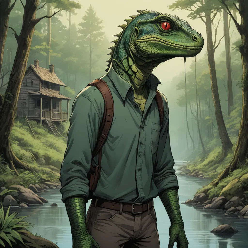 a man with a backpack and a dinosaur head in a forest with a house in the background and a river running through it, furry art, a character portrait, Adam Rex, epic fantasy character art