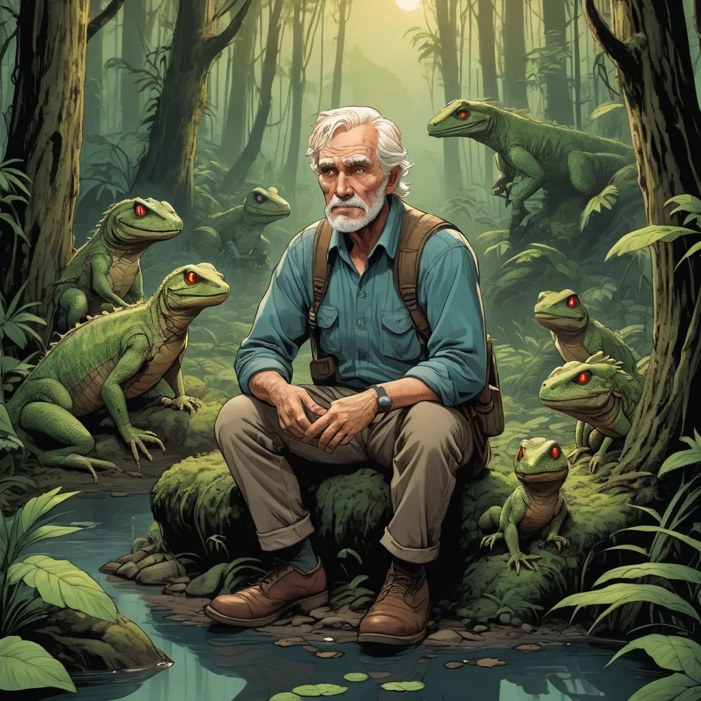 a man sitting on a rock in a forest with frogs around him and a full moon in the background, serial art, a character portrait, Drew Struzan, official art