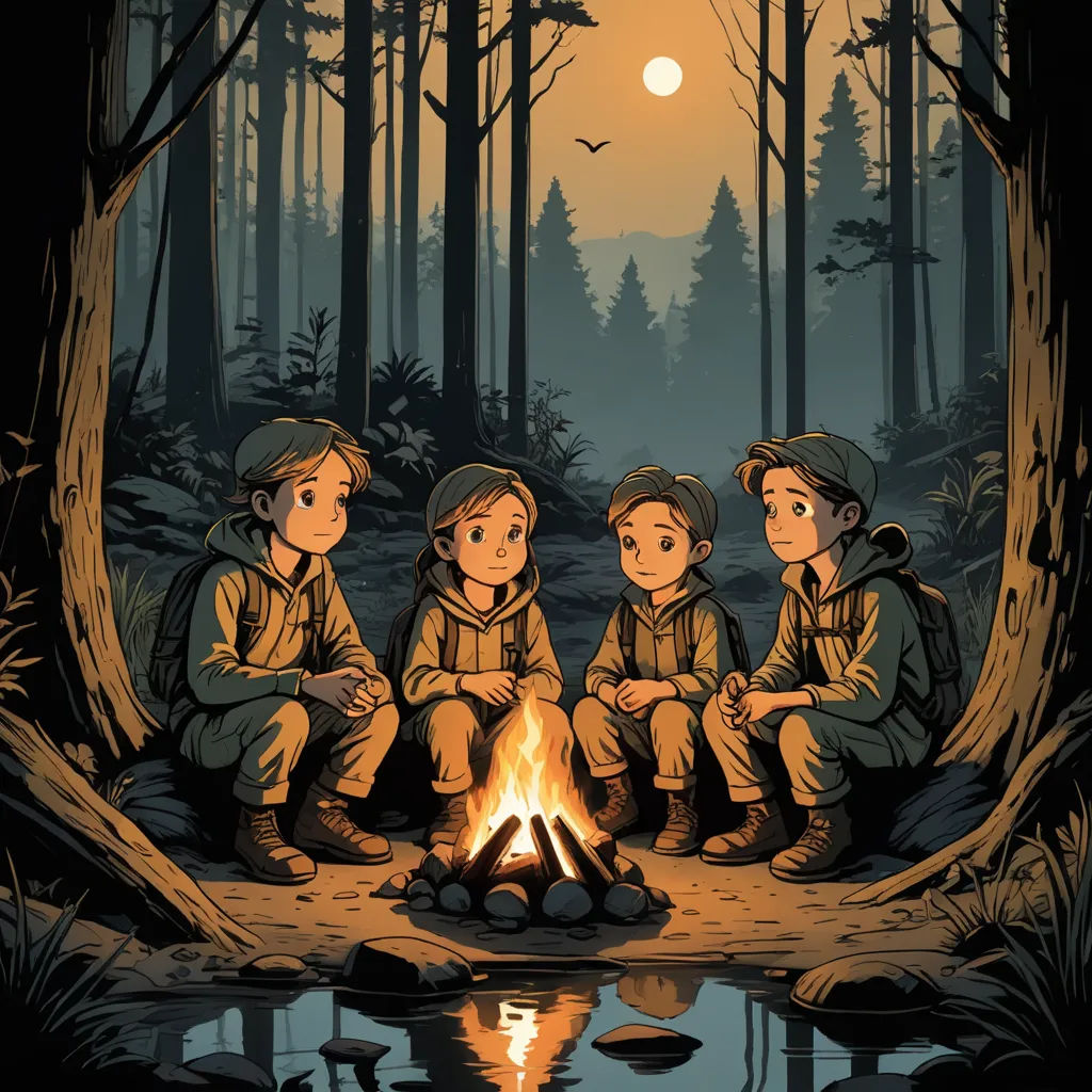 a group of people sitting around a campfire in the woods at night time with a full moon in the background, sots art, a storybook illustration, Dan Mumford, comic cover art