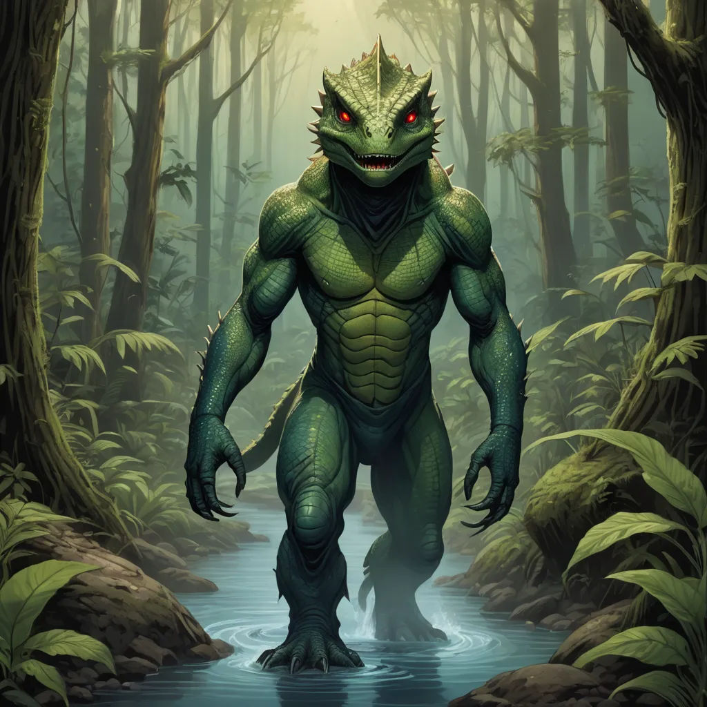 a creature with a red eye standing in a forest next to a stream of water and trees with a light shining on it, altermodern, concept art, Adam Rex, magic the gathering artwork