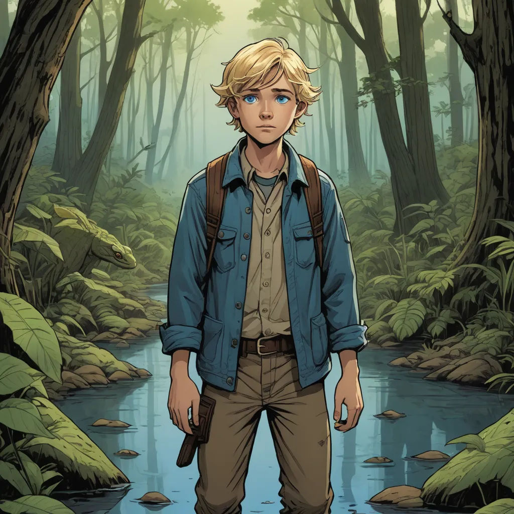 a man standing in a forest with a backpack on his back and a river running through it, with trees and foliage in the background, process art, a character portrait, Cliff Childs, comic cover art