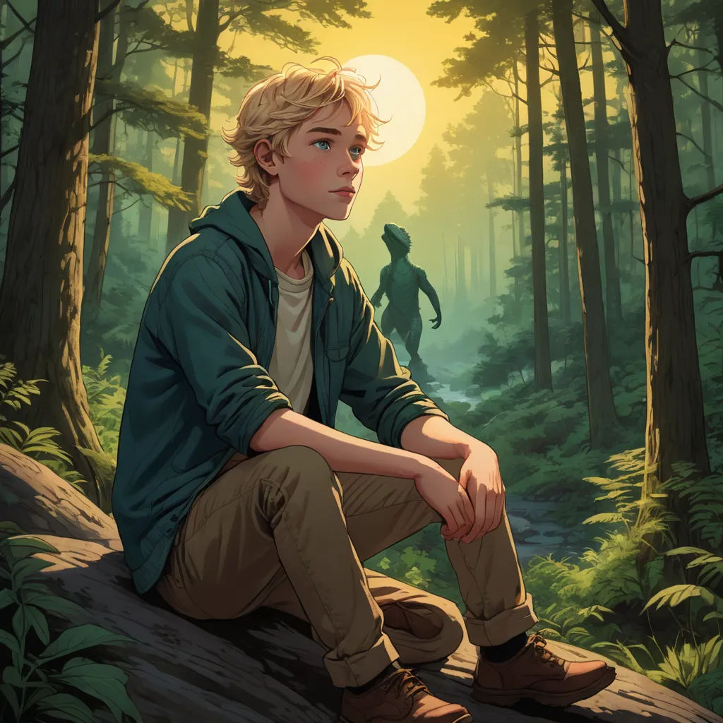 a boy sitting on a log in the woods with a full moon in the background and a person standing in the distance, sots art, a character portrait, Aaron Jasinski, official art