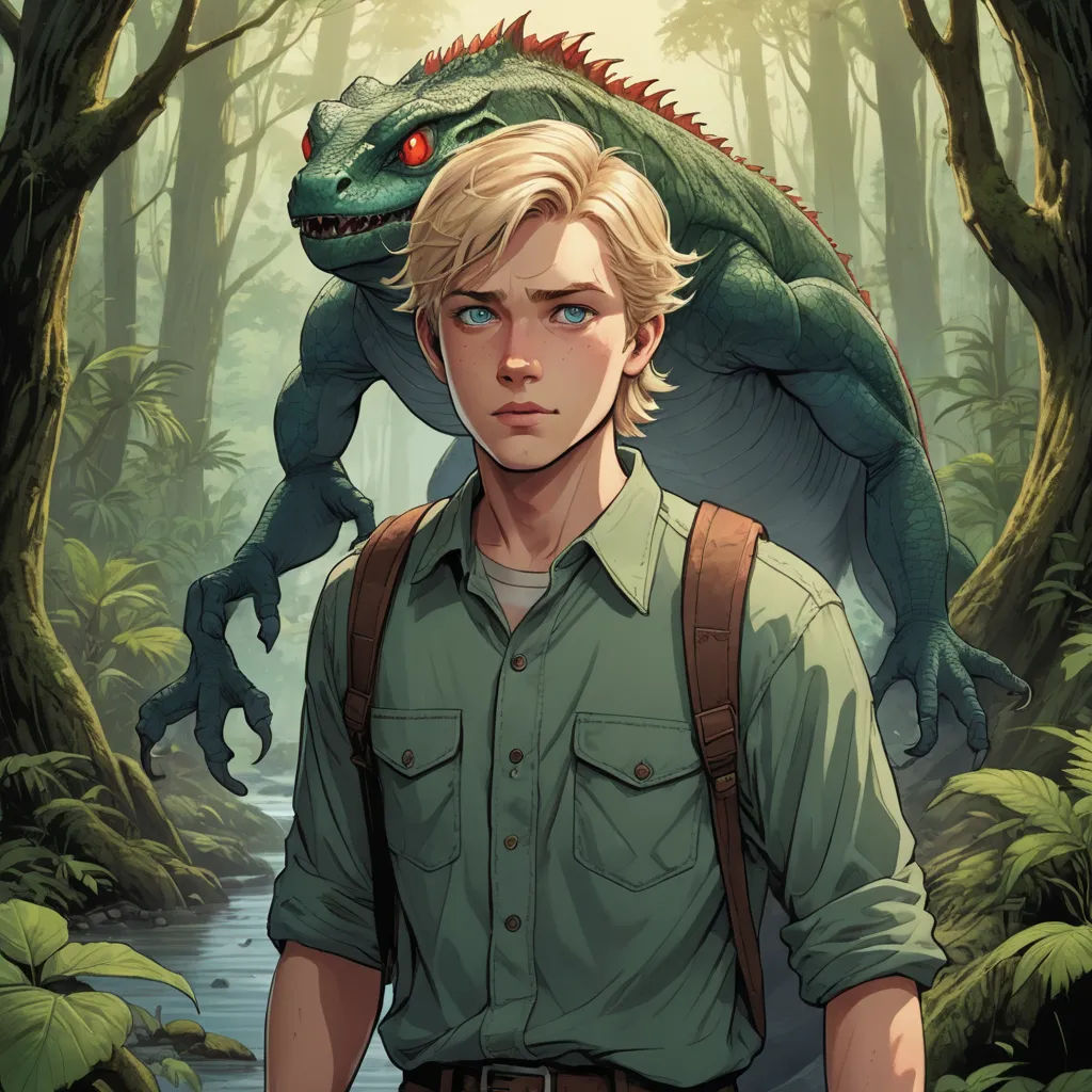 a man with a backpack and a green shirt standing in front of a green dragon on his back, in a forest, furry art, poster art, Adam Rex, comic cover art