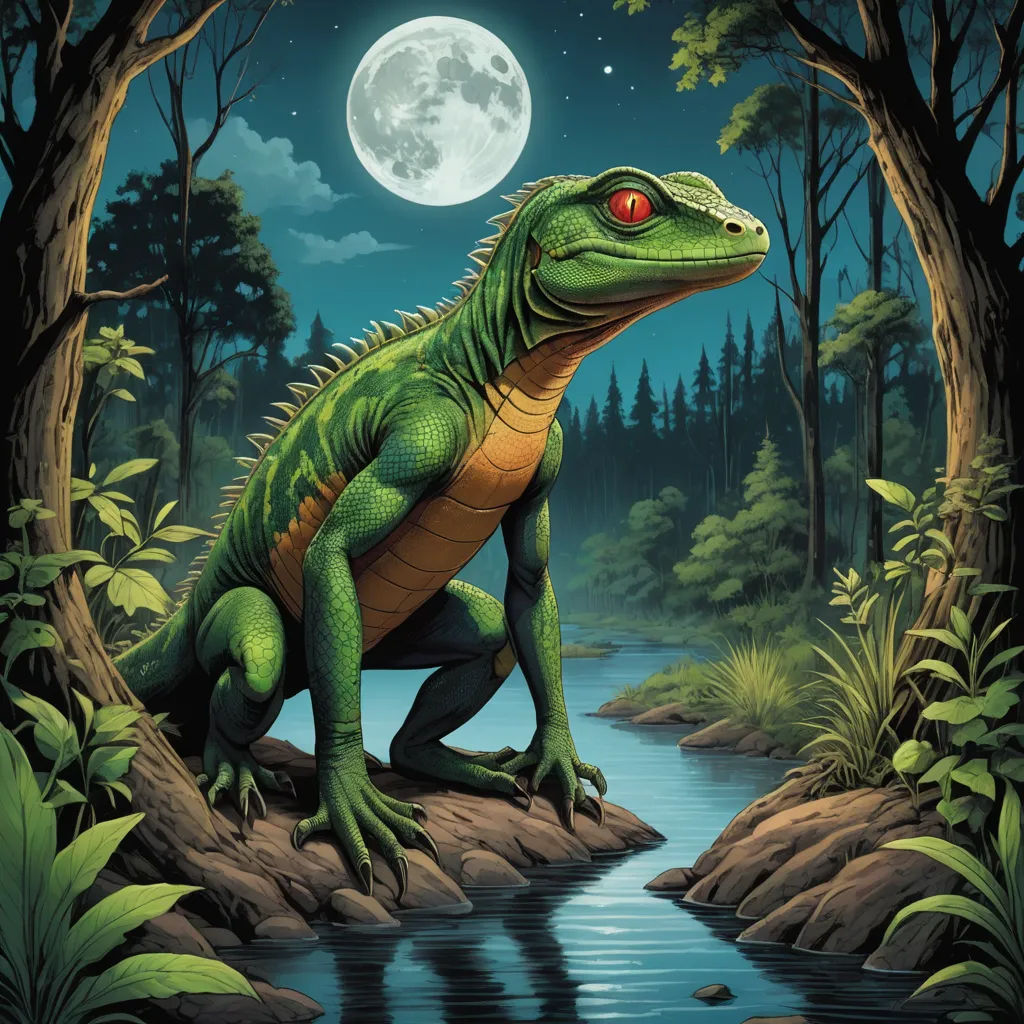 a green lizard sitting on a rock in the woods by a river under a full moon with trees and bushes, fantasy art, a storybook illustration, Chris LaBrooy, storybook illustration