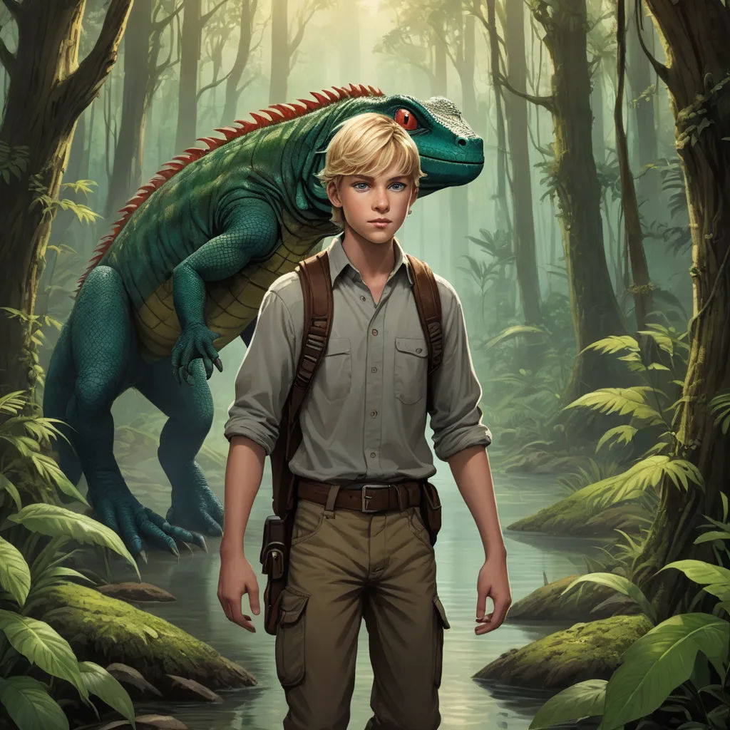 a man standing in a forest next to a dinosaur on a poster of a boy in a shirt and suspenders, fantasy art, a character portrait, Adam Rex, key art