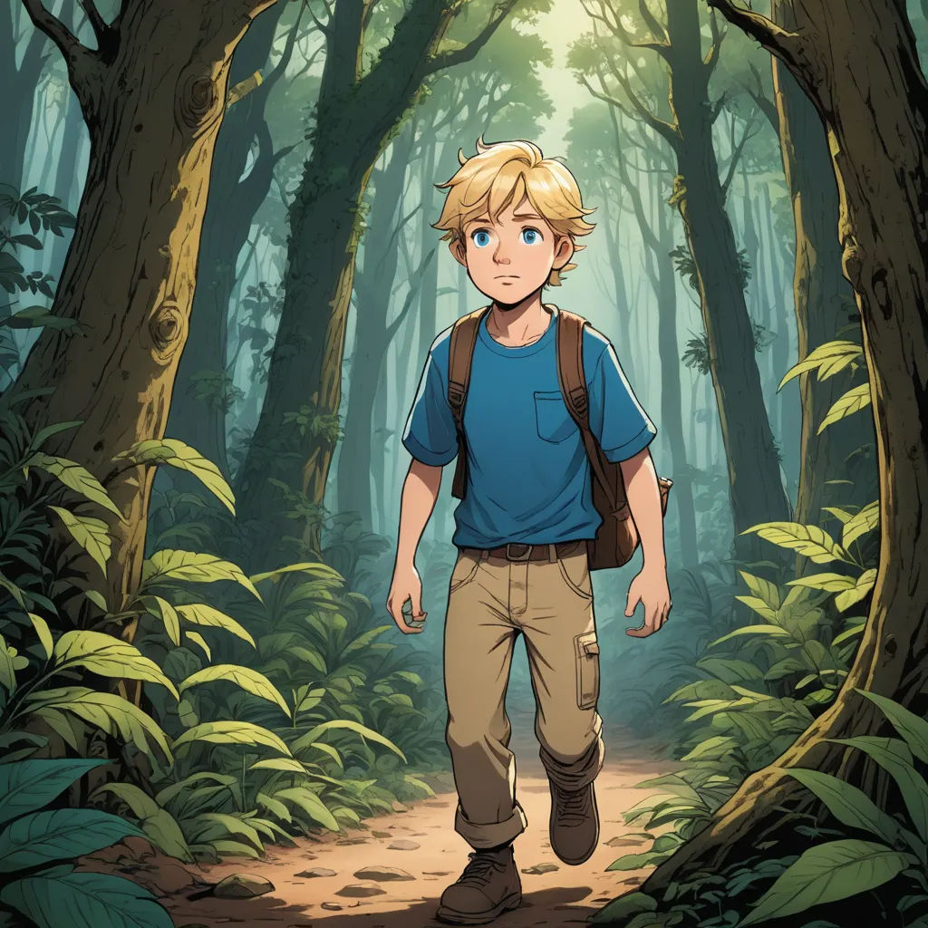 a boy walking through a forest with a backpack on his back and a backpack on his shoulder, in front of a tree, process art, a storybook illustration, Cedric Seaut (Keos Masons), rossdraws global illumination