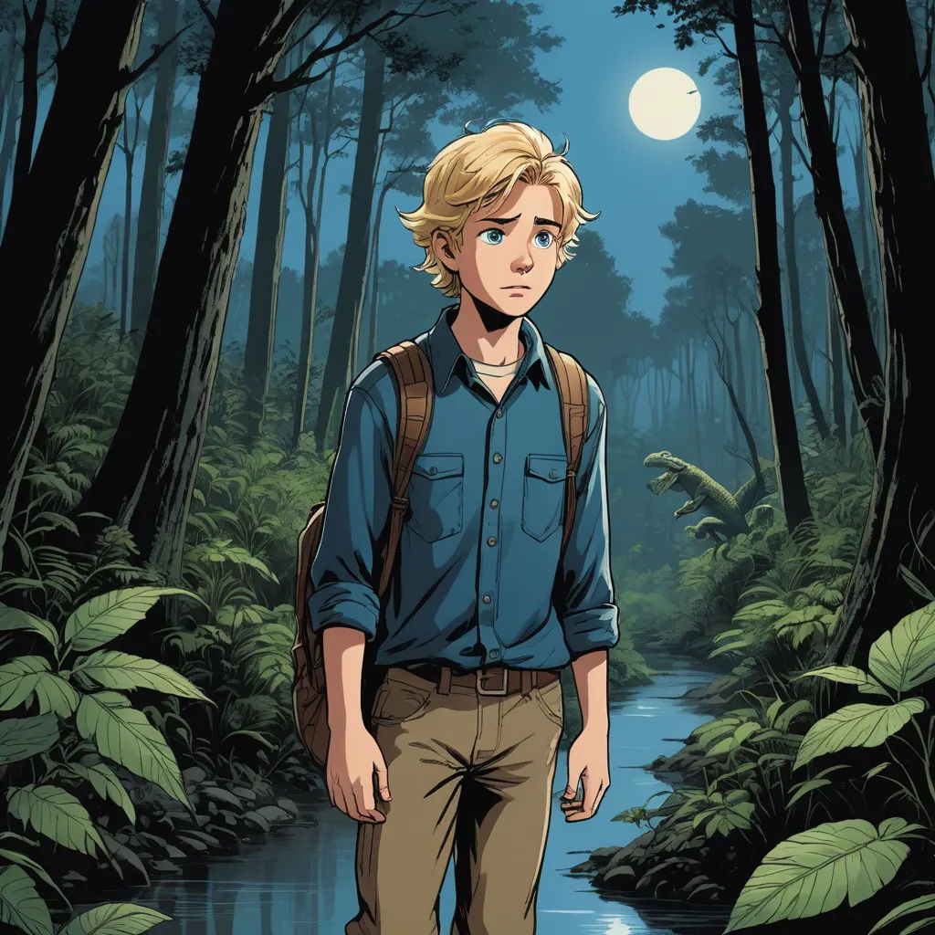 a man standing in a forest with a backpack on his back and a river running through it, with a full moon in the background, sots art, a character portrait, Cedric Seaut (Keos Masons), official art