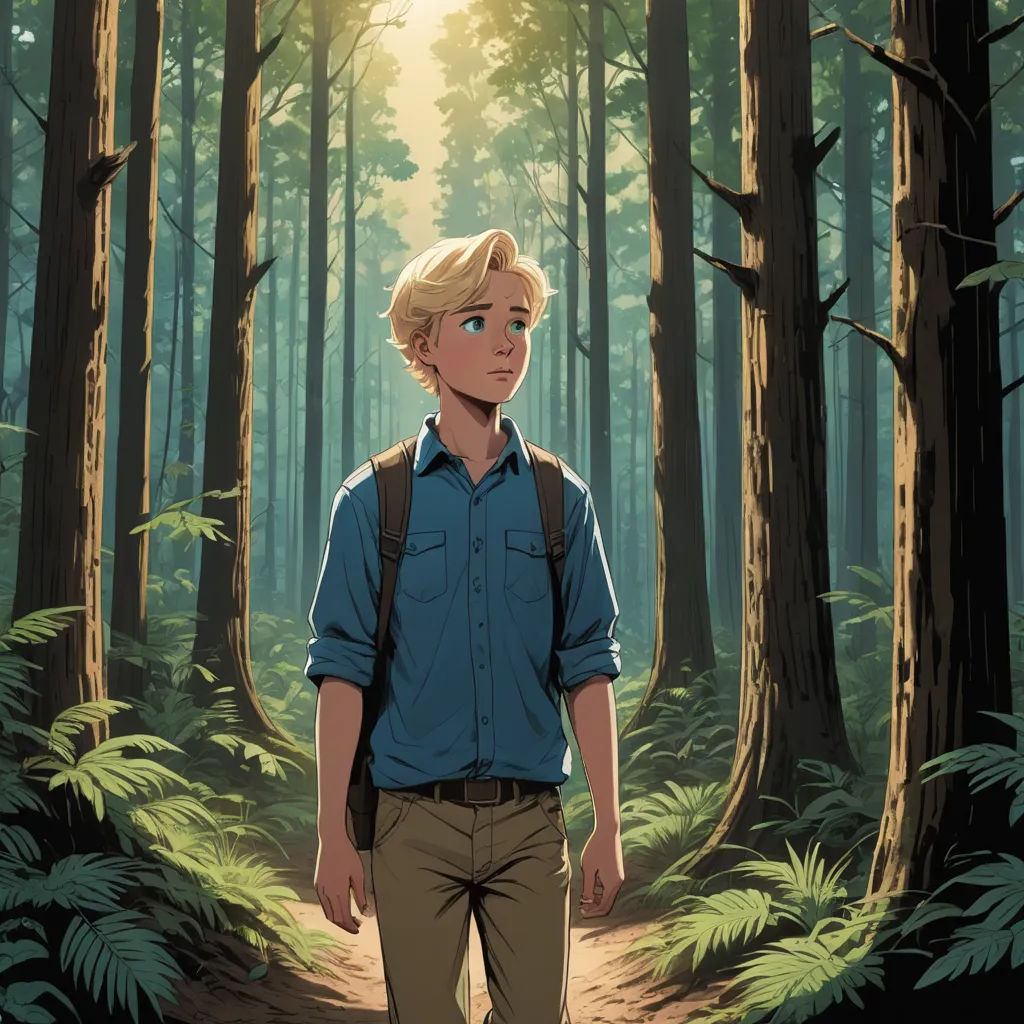 a man in a blue shirt and tan pants is walking through a forest with trees and ferns on the ground, process art, a storybook illustration, Cliff Childs, rossdraws global illumination