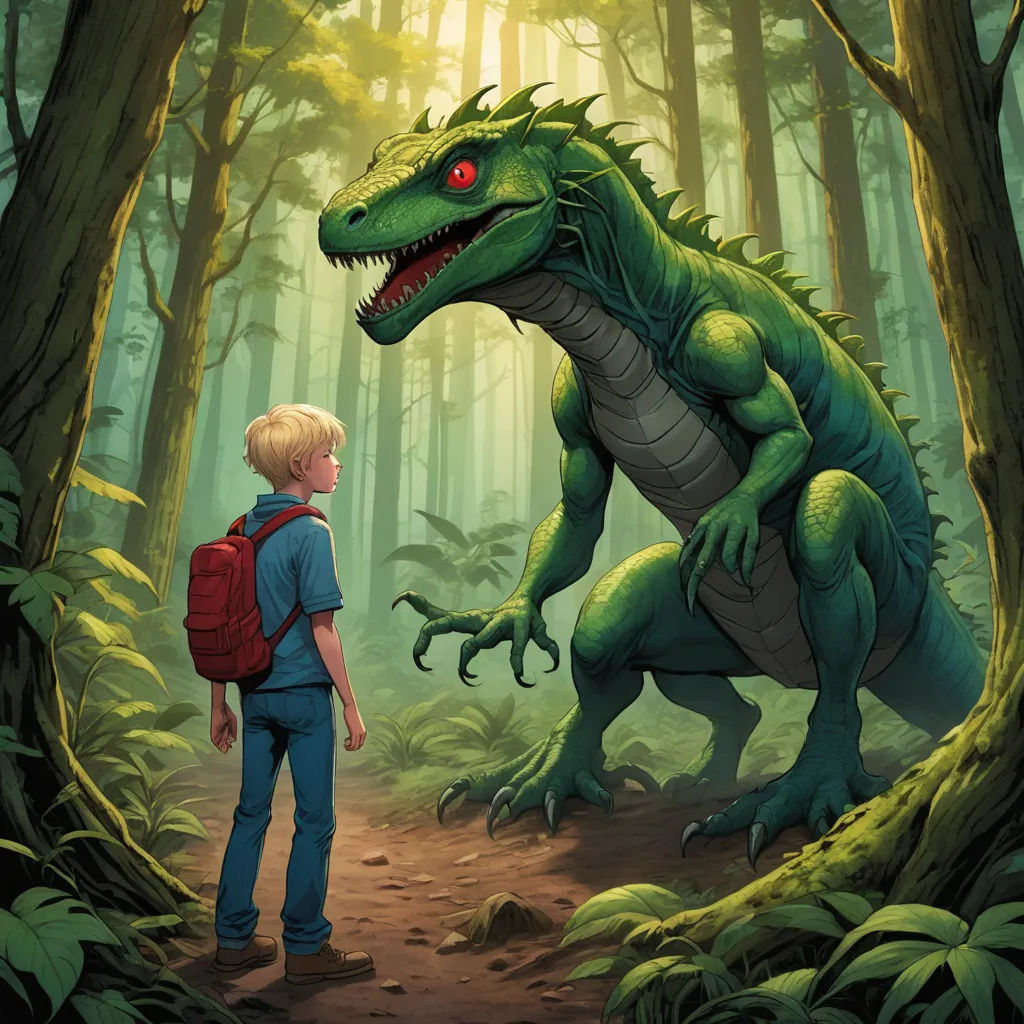 a boy standing in a forest looking at a dinosaur with a red eye on it's face and a backpack on his back, sots art, a storybook illustration, Adam Rex, storybook illustration
