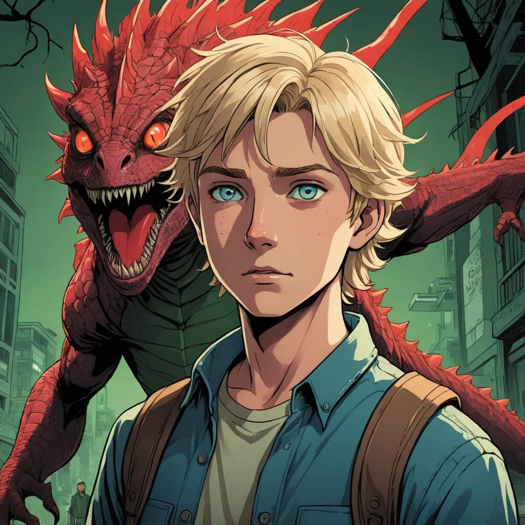 a young man with blonde hair and blue eyes stands next to a red dragon in a city street, with a green background, sots art, a comic book panel, Cedric Seaut (Keos Masons), comic cover art