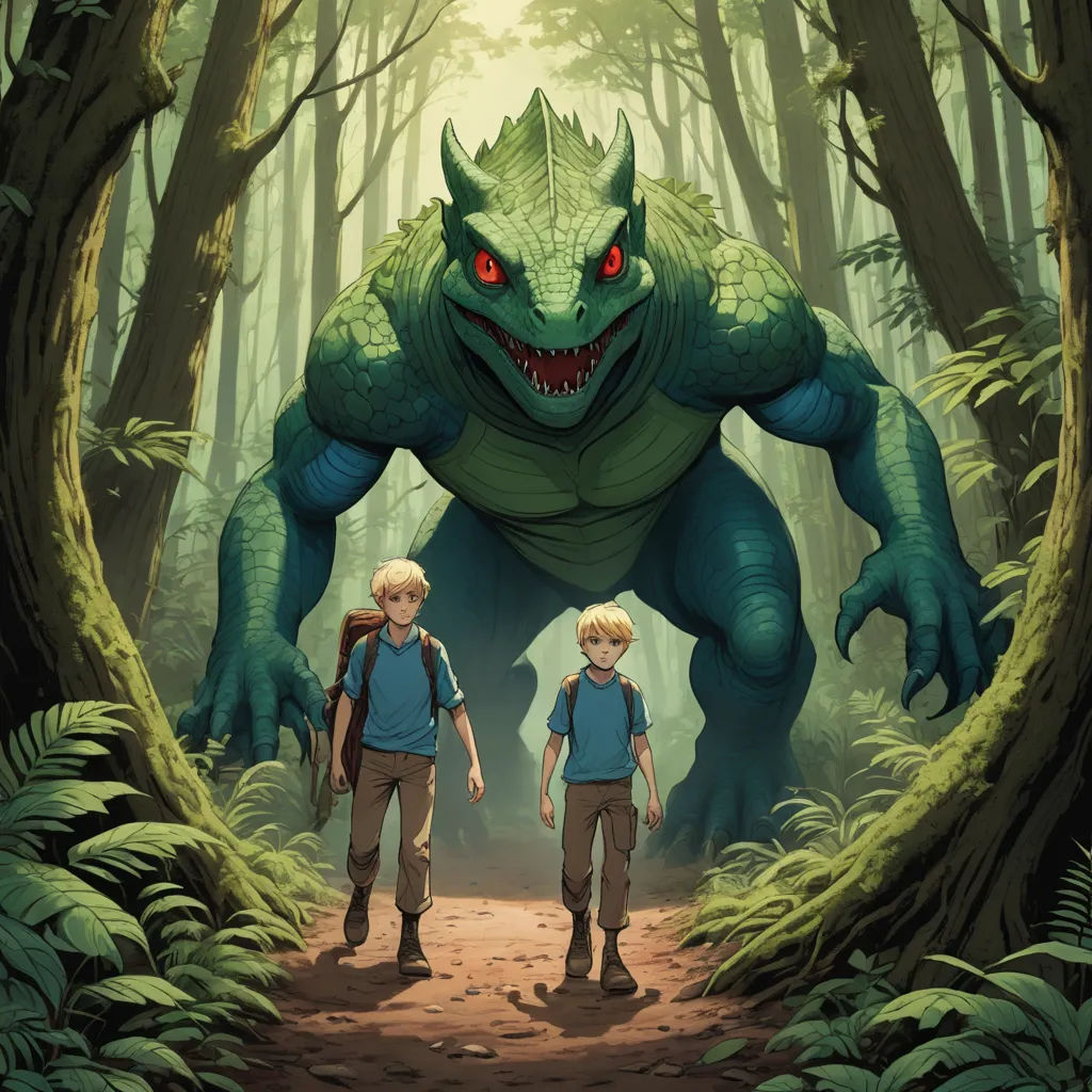 a couple of people standing in front of a giant monster in a forest with trees and bushes on either side of them, fantasy art, a storybook illustration, Adam Rex, comic cover art