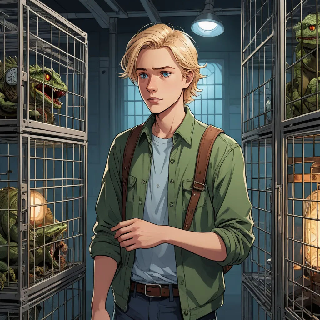 a man in a green shirt and suspenders standing in a jail with a frog in the cage behind him, sots art, a character portrait, Cedric Seaut (Keos Masons), official art