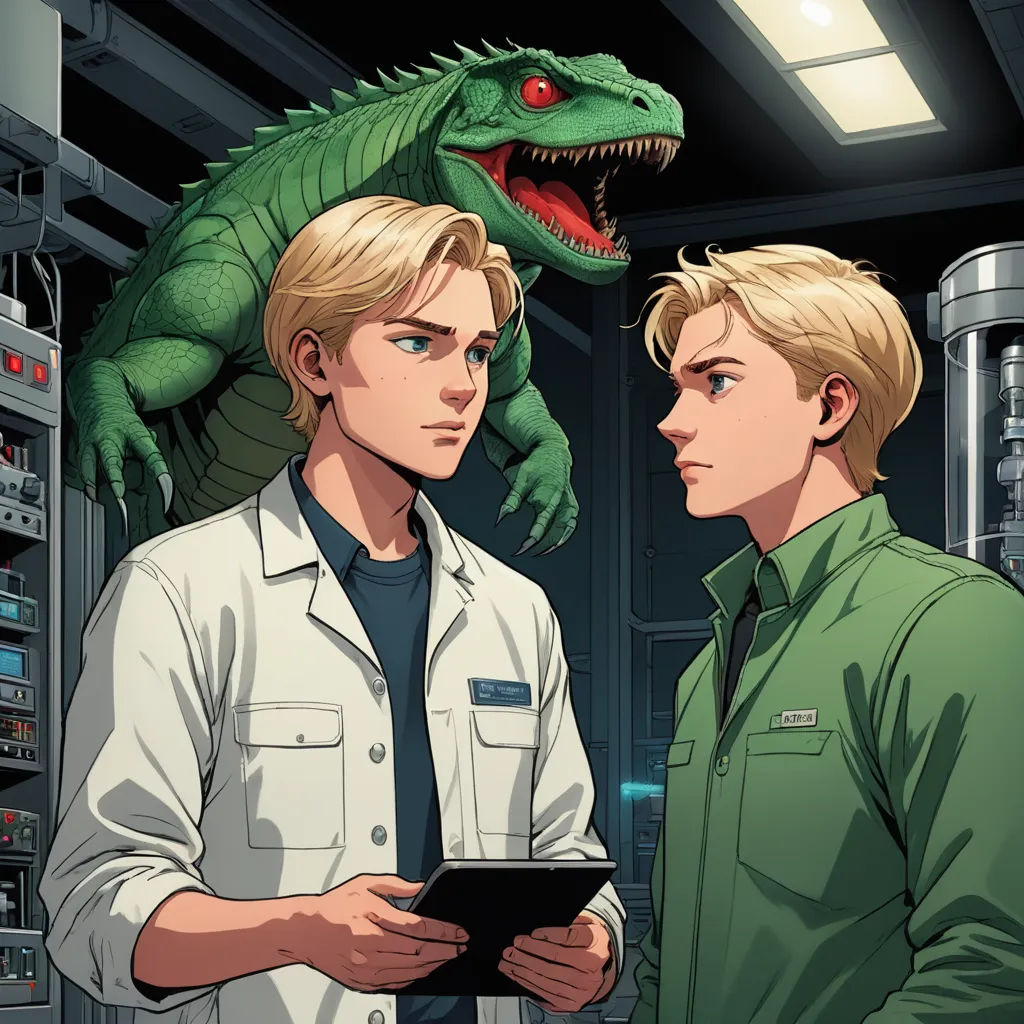 two men standing in front of a green dinosaur and a man in a white shirt holding a tablet computer, sots art, a comic book panel, Brothers Hildebrandt, comic cover art