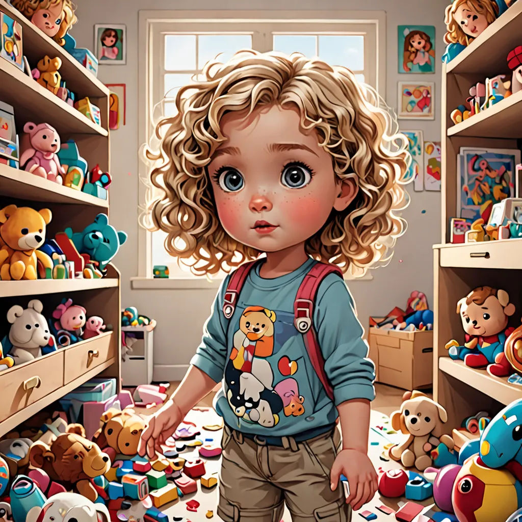 a painting of a child in a room full of toys and stuffed animals, with a window in the background, photorealism, a photorealistic painting, artist, highly detailed digital painting