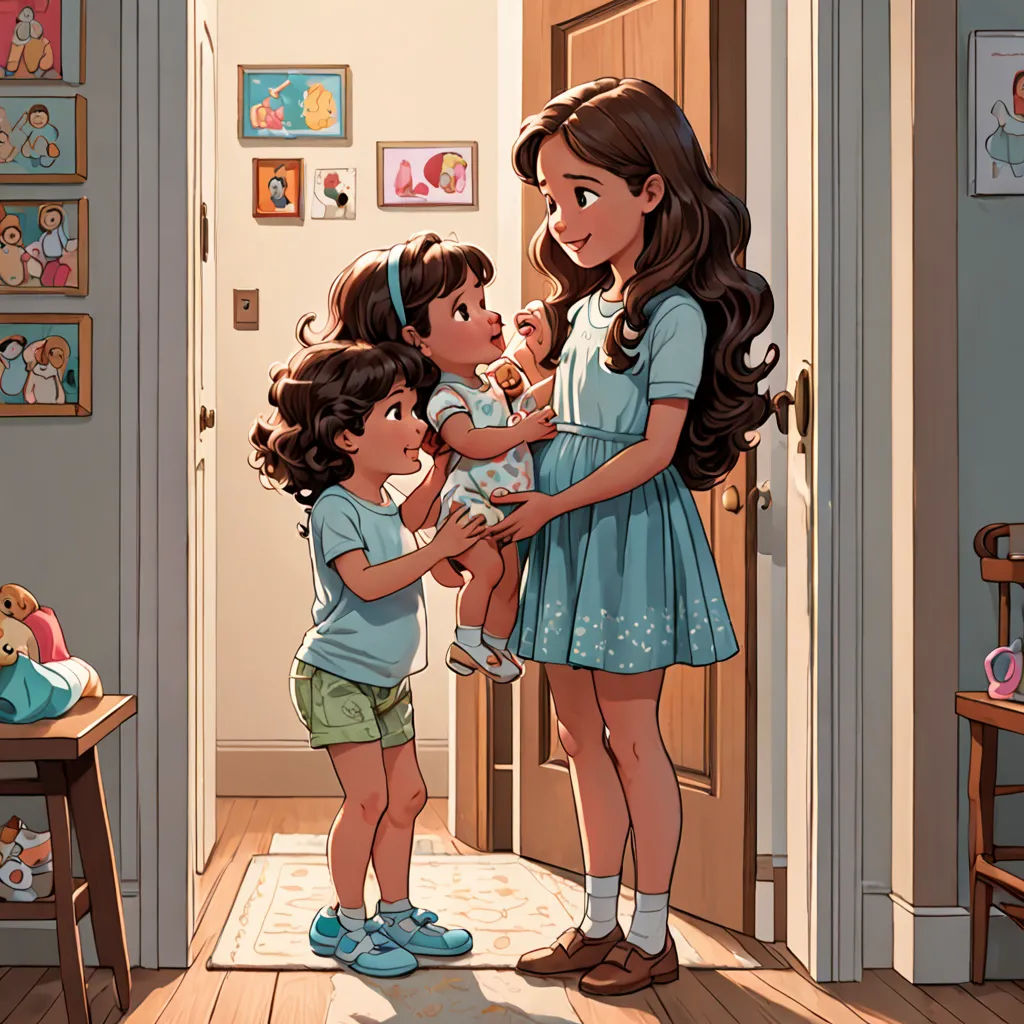 a mother holding her two children in a room with a baby crib and a teddy bear on the floor, process art, a storybook illustration, disney, storybook illustration