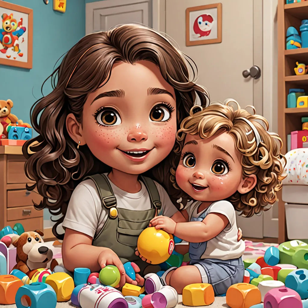 a little girl playing with a baby in a room full of toys and toys on the floor and a teddy bear, photorealism, a storybook illustration, Artgerm, professional digital painting
