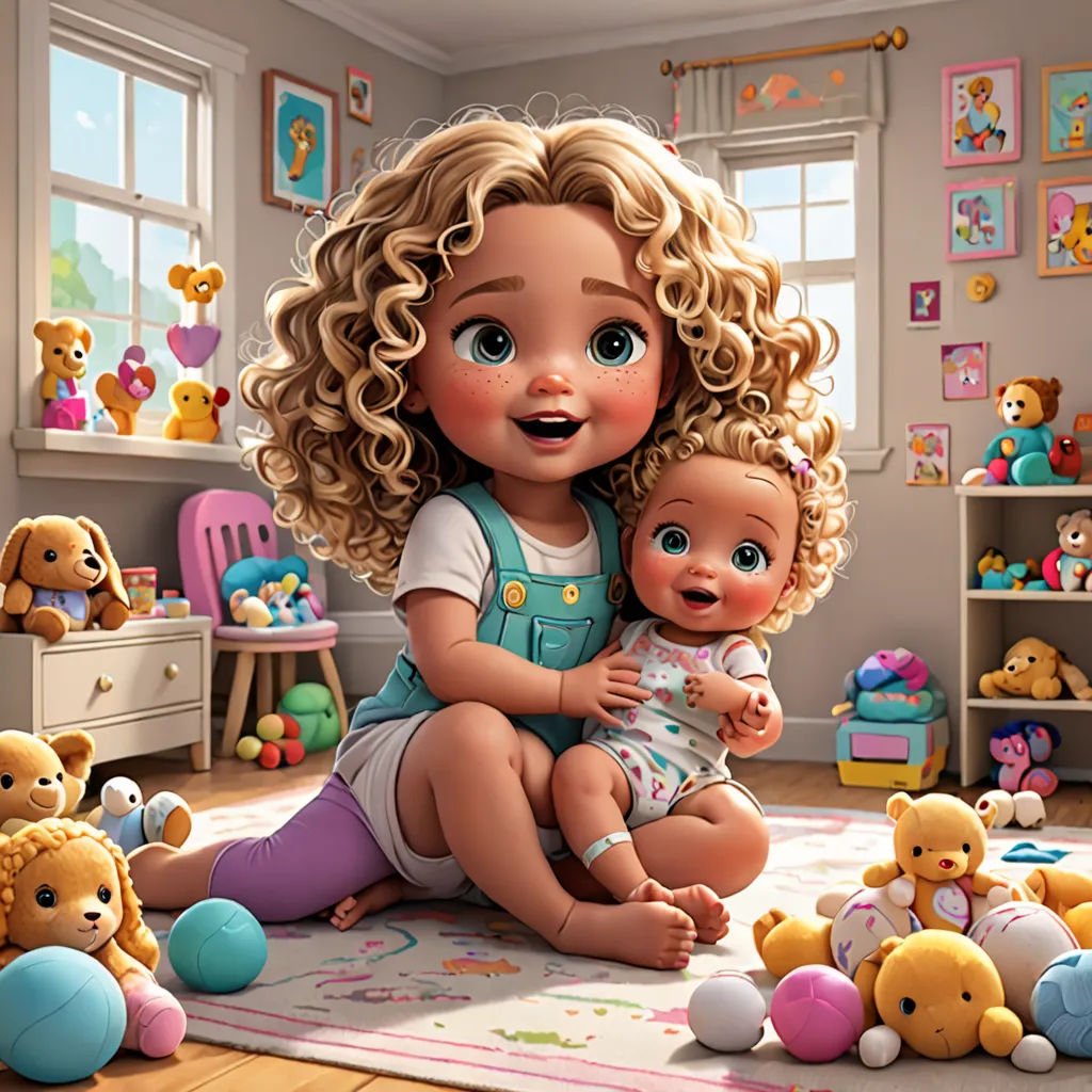 a cartoon of a baby and a toddler in a room with teddy bears and toys on the floor, photorealism, a digital rendering, Caroline Lucy Scott, cgstudio