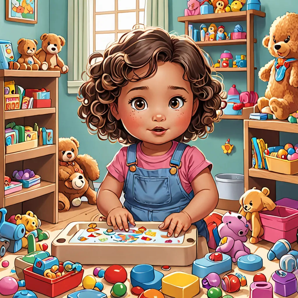 a little girl is playing with a puzzle in a room full of toys and teddy bears on the floor, lyco art, a storybook illustration, artist, highly detailed digital painting
