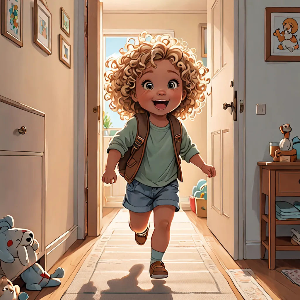a cartoon of a little girl running down a hallway with a teddy bear on the floor and a teddy bear on the floor, photorealism, a comic book panel, Diego Gisbert Llorens, stanley artgerm lau