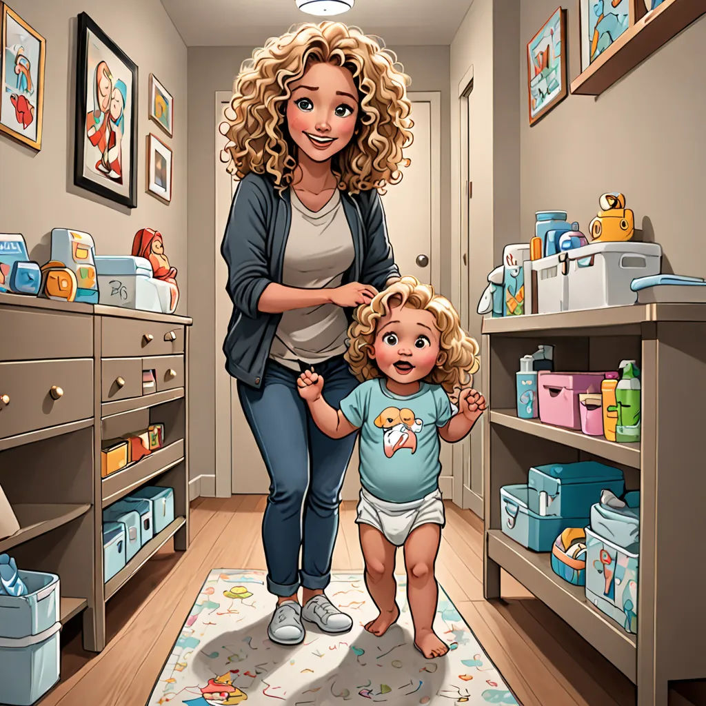 a woman and a child in a room with shelves of toys and a rug on the floor and a rug on the floor, photorealism, a storybook illustration, Caroline Lucy Scott, storybook illustration