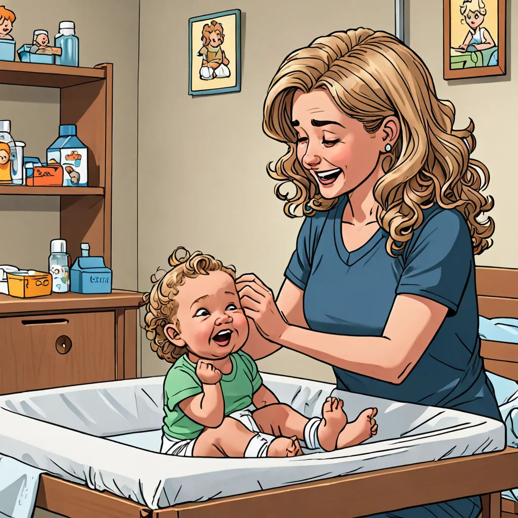 a woman is putting a baby in a crib with a bottle of water on the wall behind her, photorealism, a comic book panel, F Scott Hess, storybook illustration