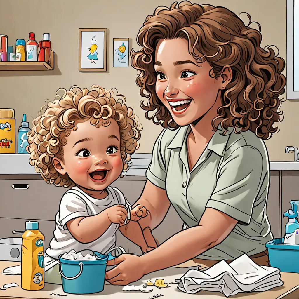 a woman and a child are in the kitchen together, one is holding a spoon and the other is eating, lyco art, a storybook illustration, Carol Sutton, storybook illustration