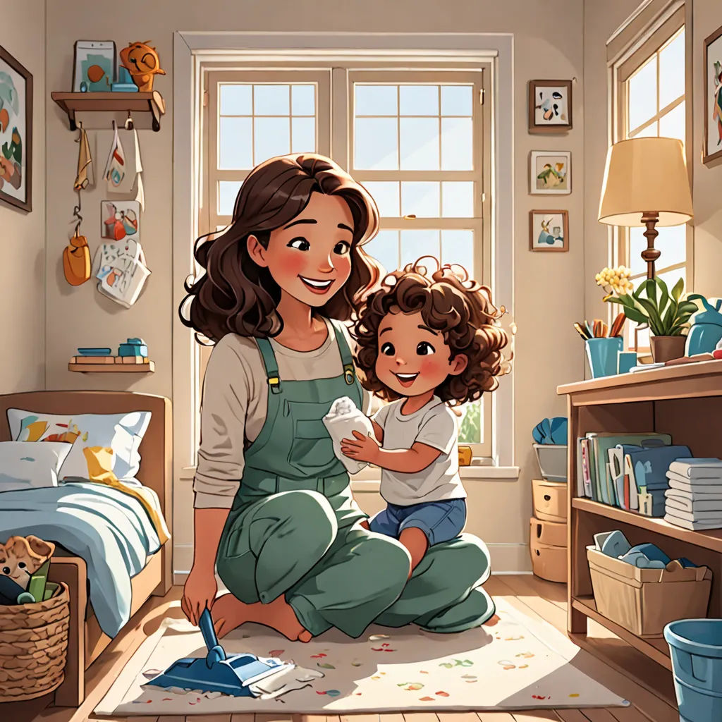 a woman and a child in a bedroom with a window and a rug on the floor and a rug on the floor, lyco art, a storybook illustration, artist, storybook illustration