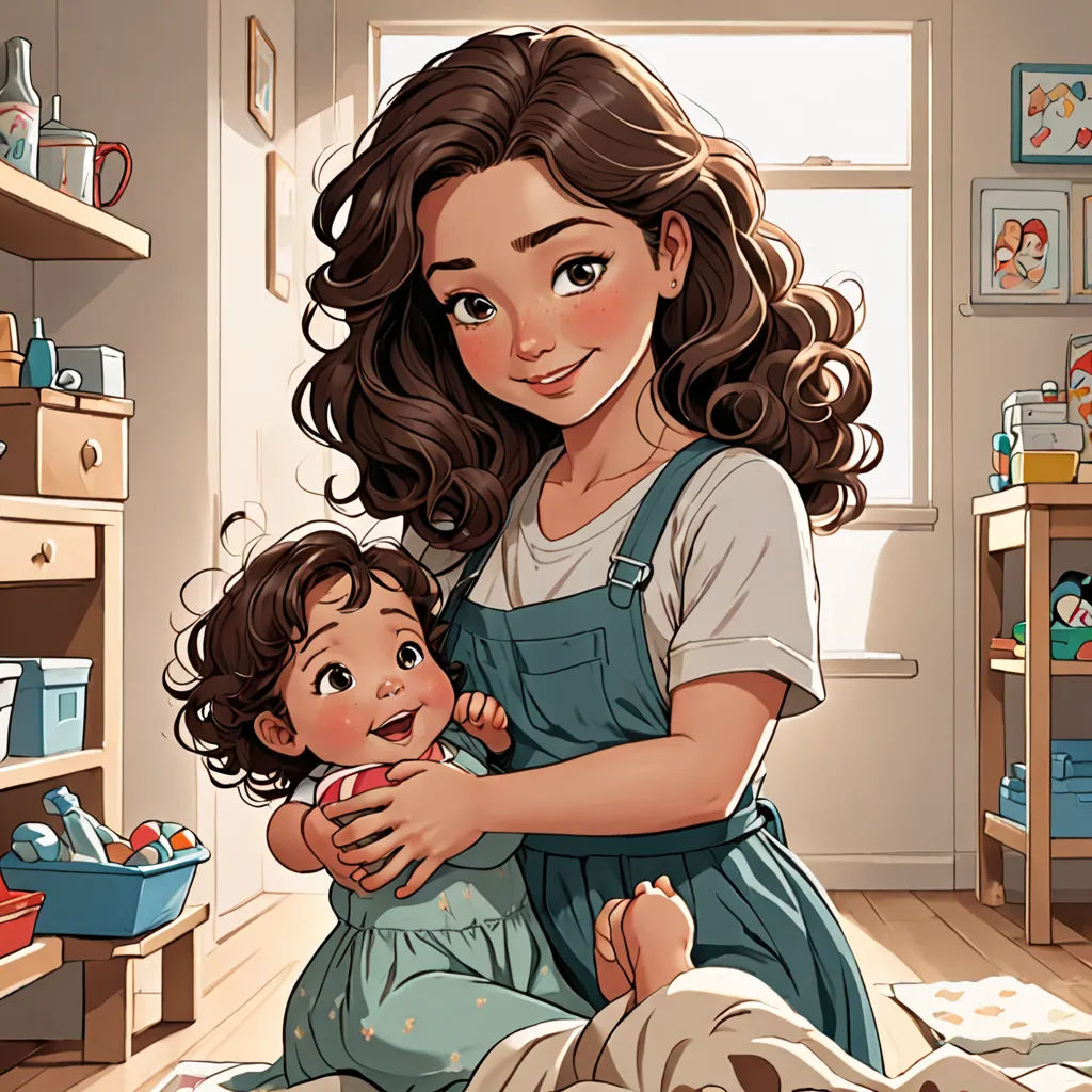 a woman holding a baby in a room with a dog and a cat on the floor and a cat on the floor, lyco art, a storybook illustration, Artgerm, storybook illustration