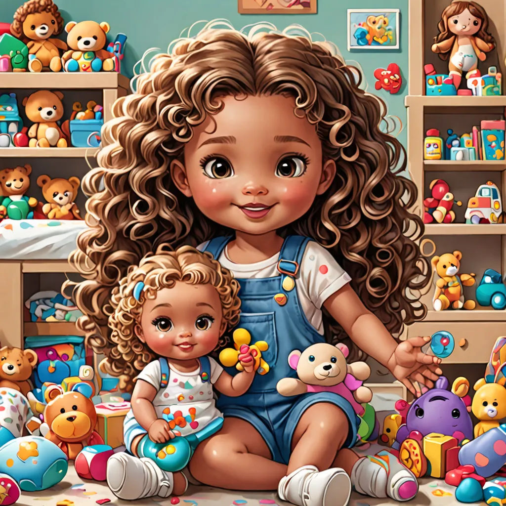 a painting of a little girl holding a baby doll in a room full of teddy bears and toys on the floor, photorealism, a storybook illustration, artist, highly detailed digital painting
