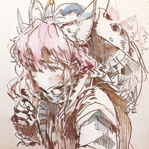 a drawing of a girl with pink hair and a cat on her shoulder and a cat on her shoulder