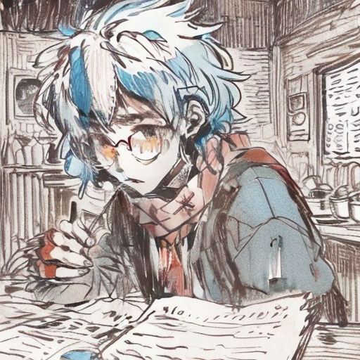 a drawing of a person sitting at a table with a book and pen in their hand and a cup of coffee in front of them