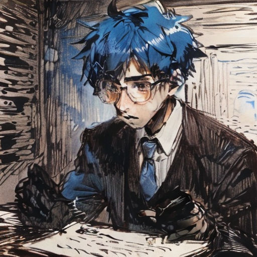 a drawing of a man with blue hair and glasses sitting at a table with a book and pen in his hand