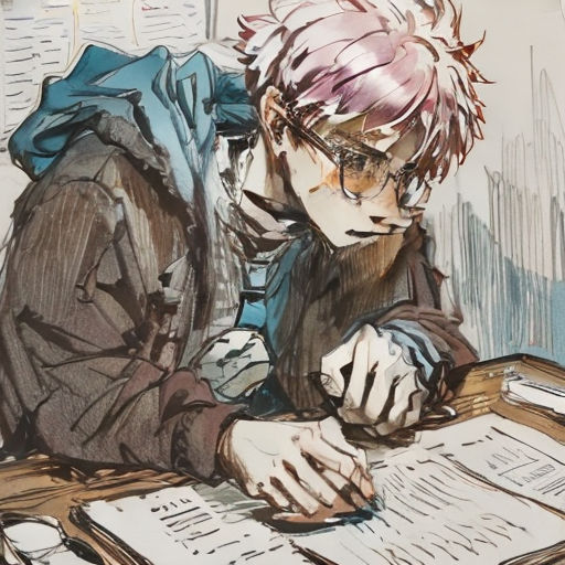 a man sitting at a table with papers and a pen in his hand and a book in his other hand