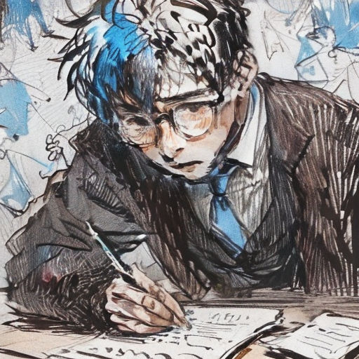 a man in a suit writing on a piece of paper with a pen and paper clippings in his hand