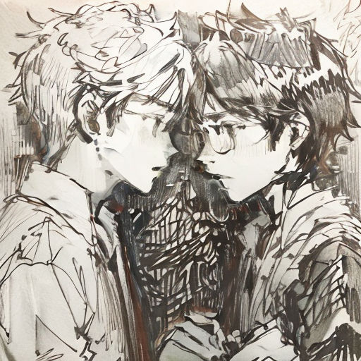 a drawing of two people sitting next to each other on a white surface with black ink on paper and a black and white background