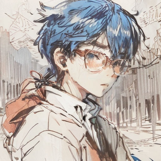 a man with blue hair and glasses is standing in the street with a backpack on his shoulder and a building in the background