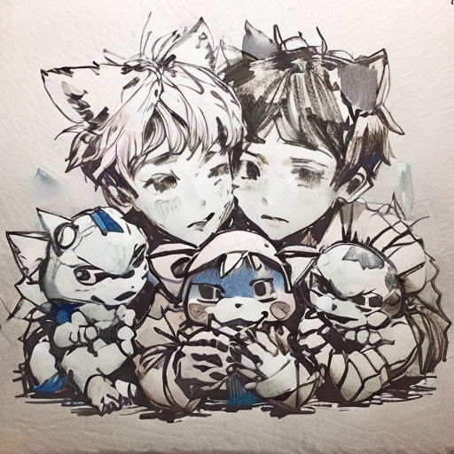 a drawing of a group of cats and a boy with a cat on his chest and a cat on his shoulder