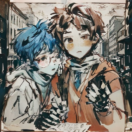 a couple of people that are standing in the street together with a book in hand and a picture of them