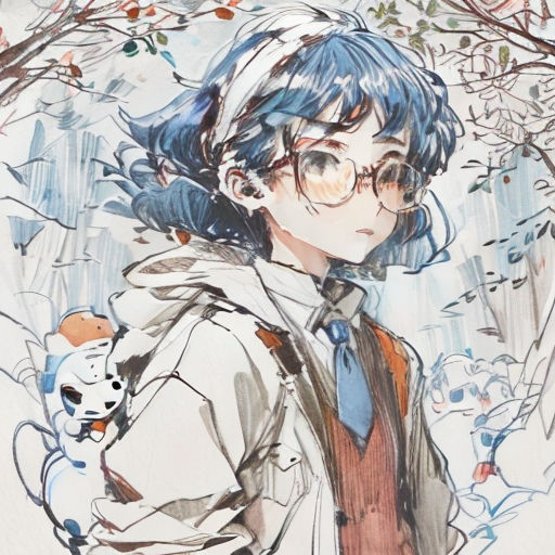 a drawing of a person with glasses and a cat in front of a tree with leaves and branches on it