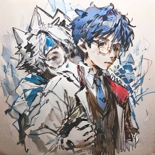 a painting of two people with glasses and a tie on a wall with a brown background and a blue and white design