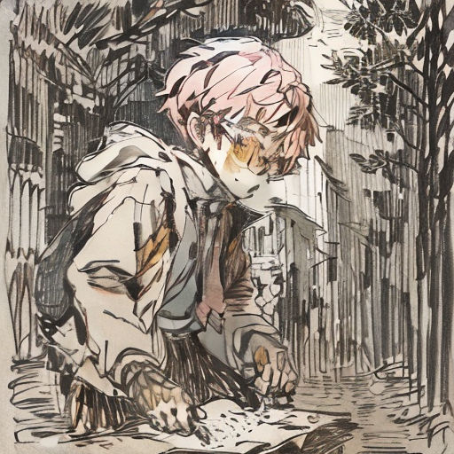 a drawing of a person kneeling down in the woods with a book in his hand and a cat in the other hand
