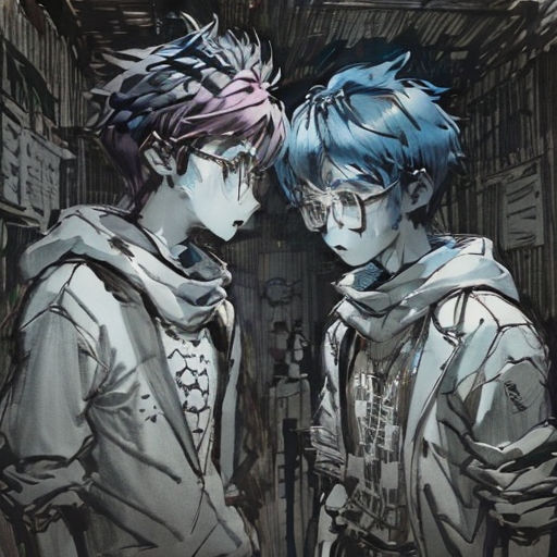 two people standing next to each other in a room with graffiti on the walls and a door with a graffiti on the wall